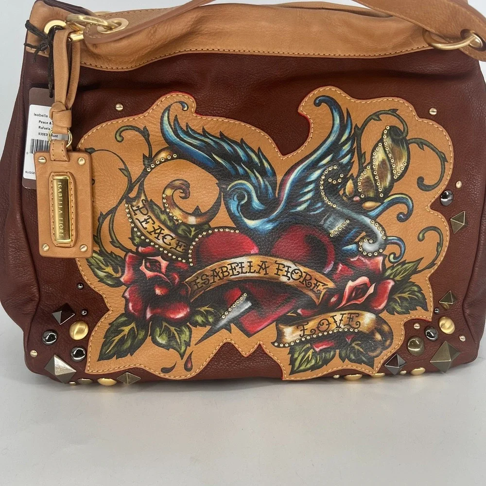Vtg Isabella Fiore Peace & Love Rafaela Hobo Brown‎ Handbag Leather Y2K Tattoo